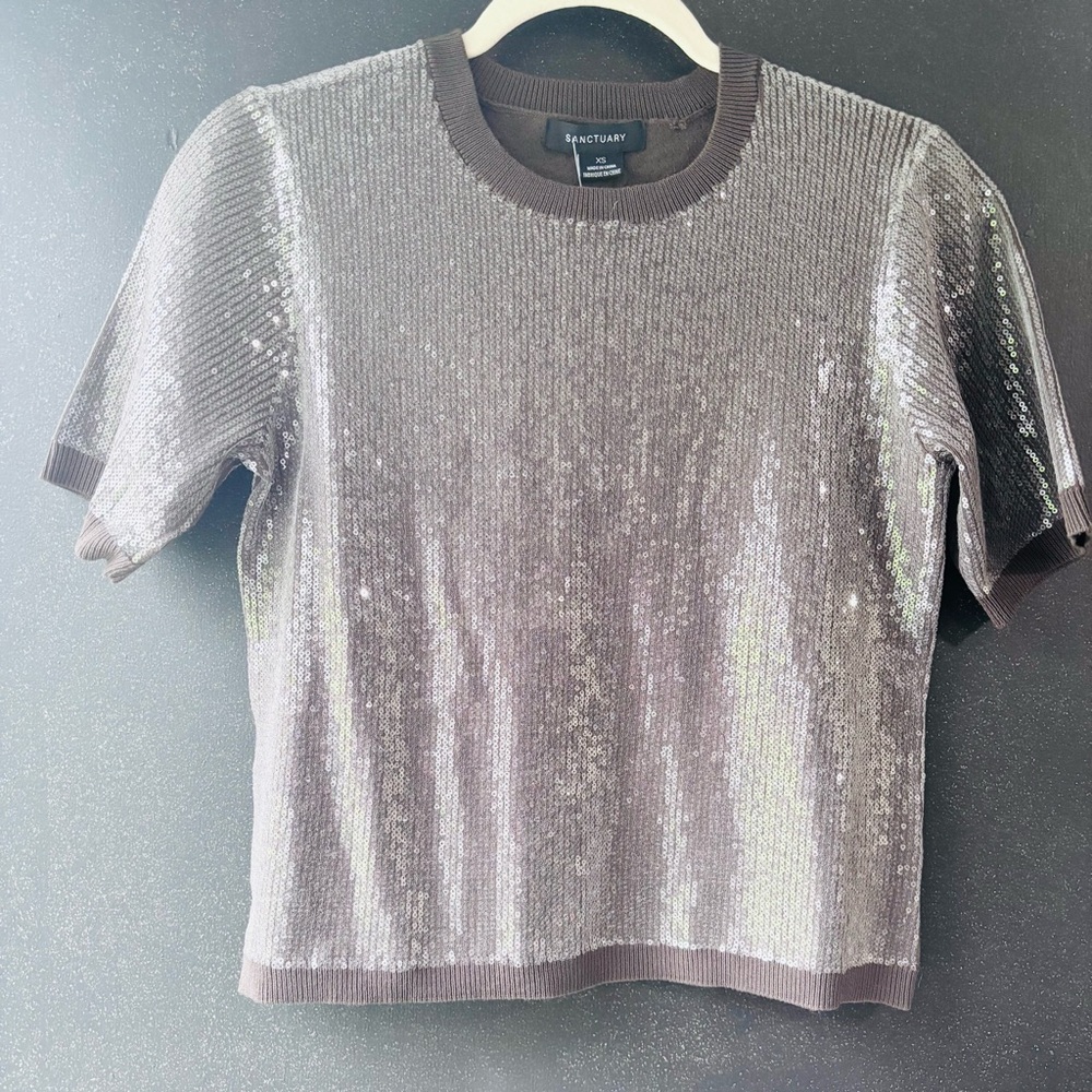Sanctuary Evereve Silver Sequin Short Sleeve Crewneck Top Size XS